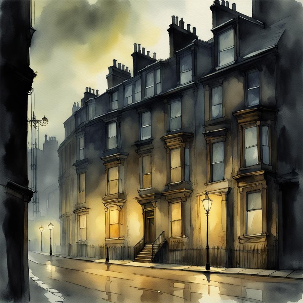 Victorian Glasgow Tenement in Watercolour Style