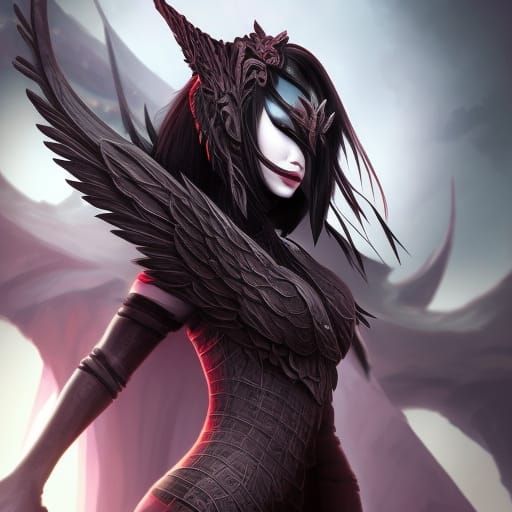 Dark Winged Ninja Girl in Detailed Matte Painting