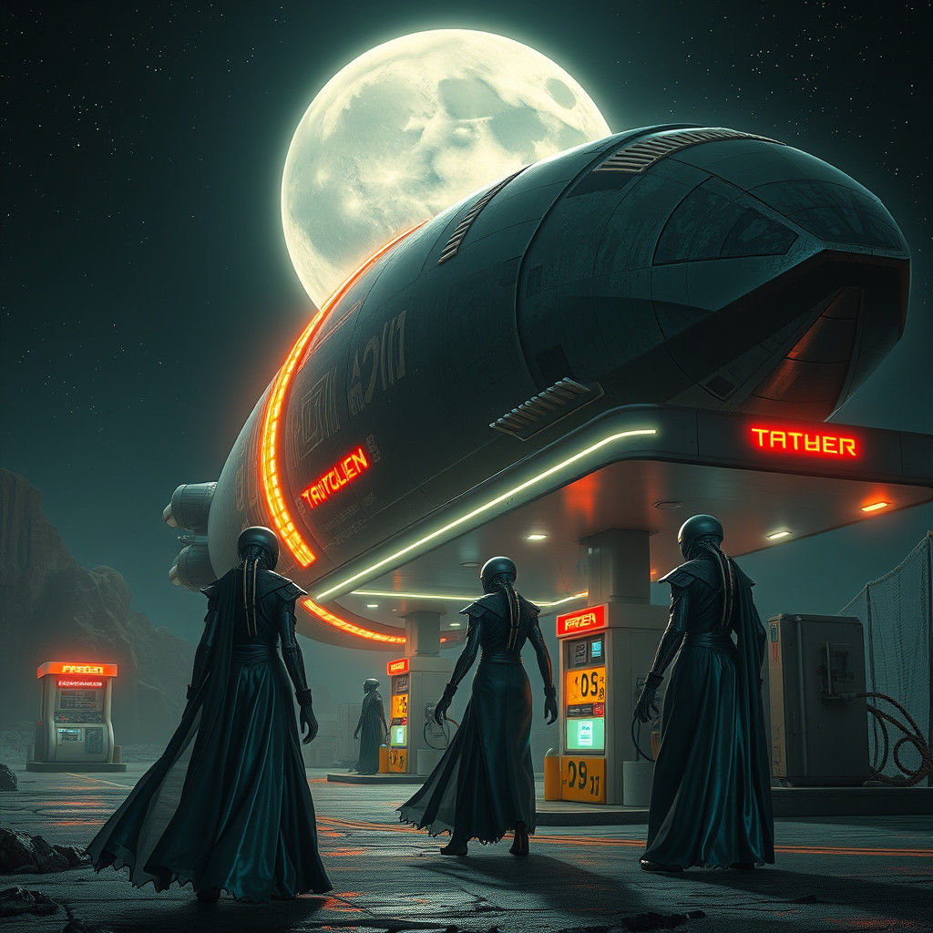 Aliens Refuel Spaceship at Retro Gas Station