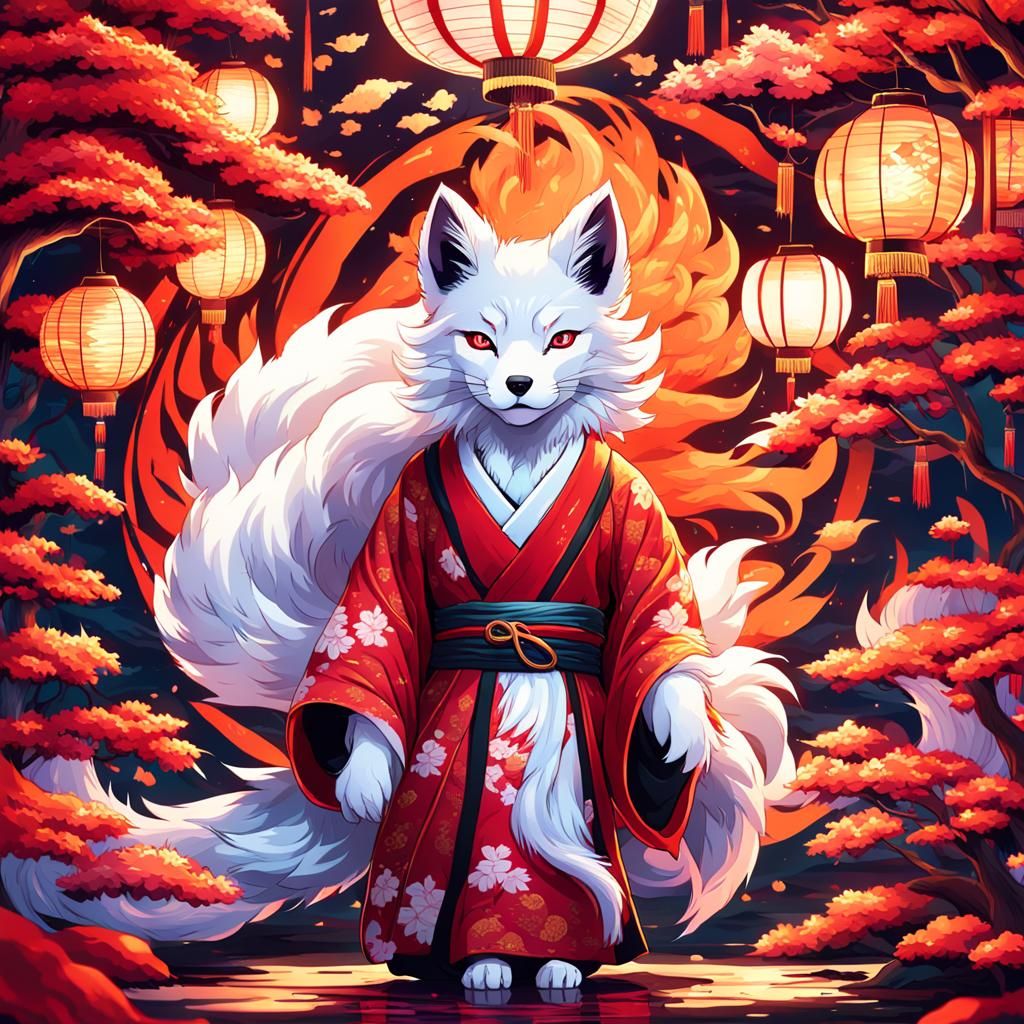 Crimson Kimono: A Kitsune in Autumnal Splendor