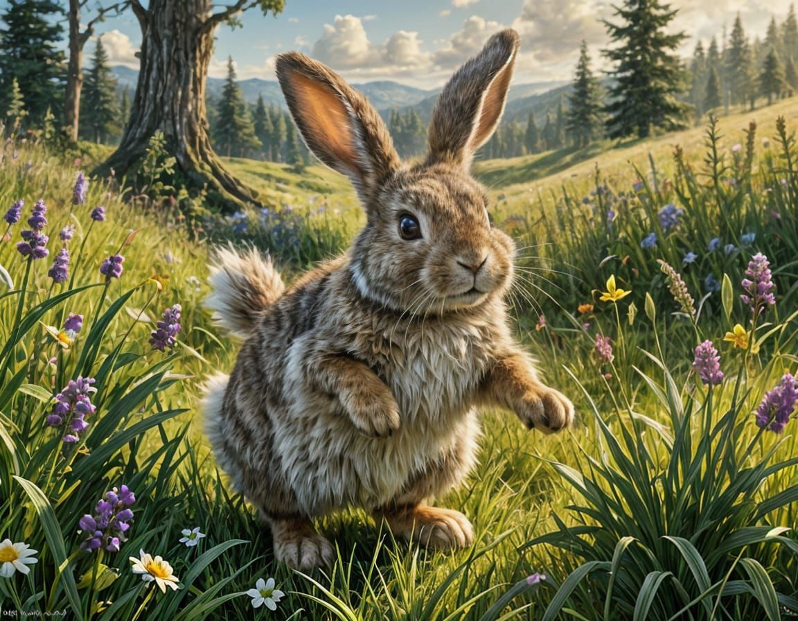 Anthropomorphic Rabbit Hops Through Meadow: Digital Painting
