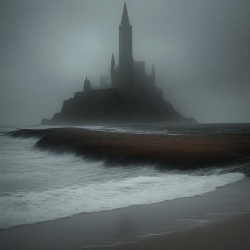 Eerie Surrealist Scene of Rainy Beach with Figure