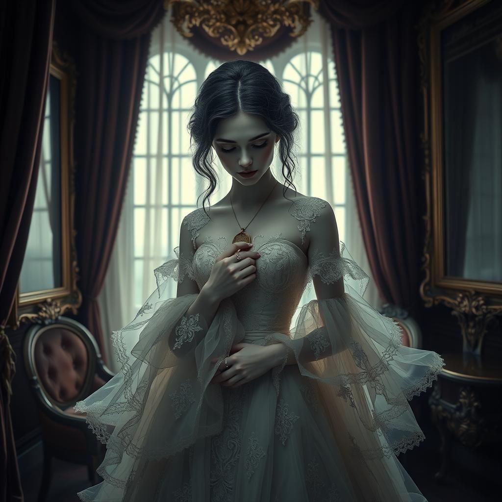 Heart-Wrenching Woman in Eerie, Lavish Setting