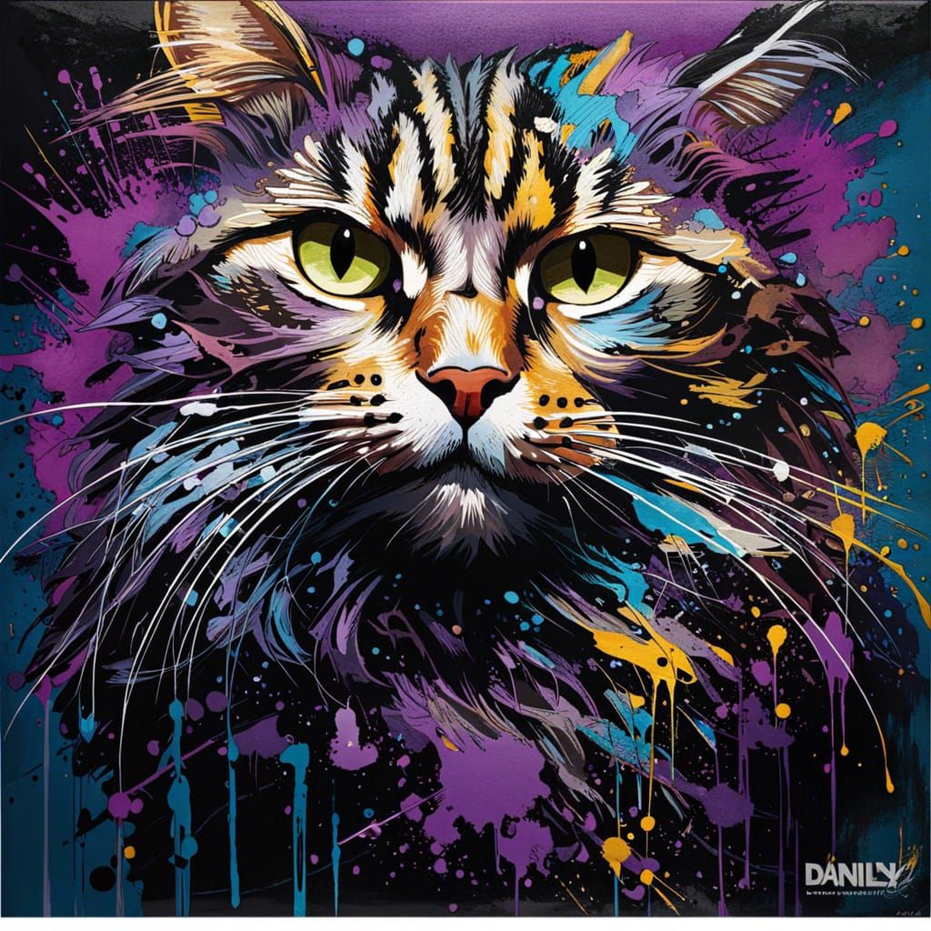 Detailed Ink splash art splash filigree amethyst cat: Alex maleev: Ashley Wood: Carne Griffiths: oil painting: high cont...