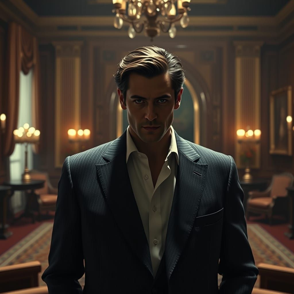 Man in Suit in Luxurious Room, Comic Book Style
