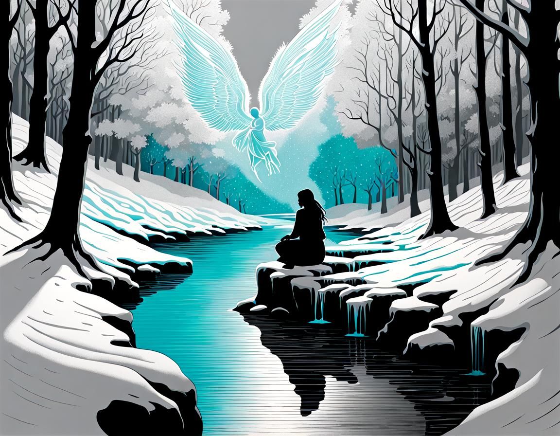 Monochromatic Angel in Blizzard: Ink Stippling Art