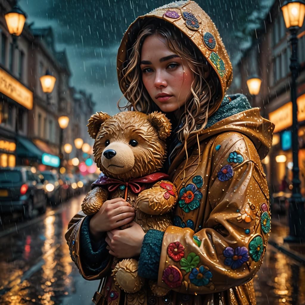 Sad Girl with Teddy Bear in Psychedelic Art Nouveau