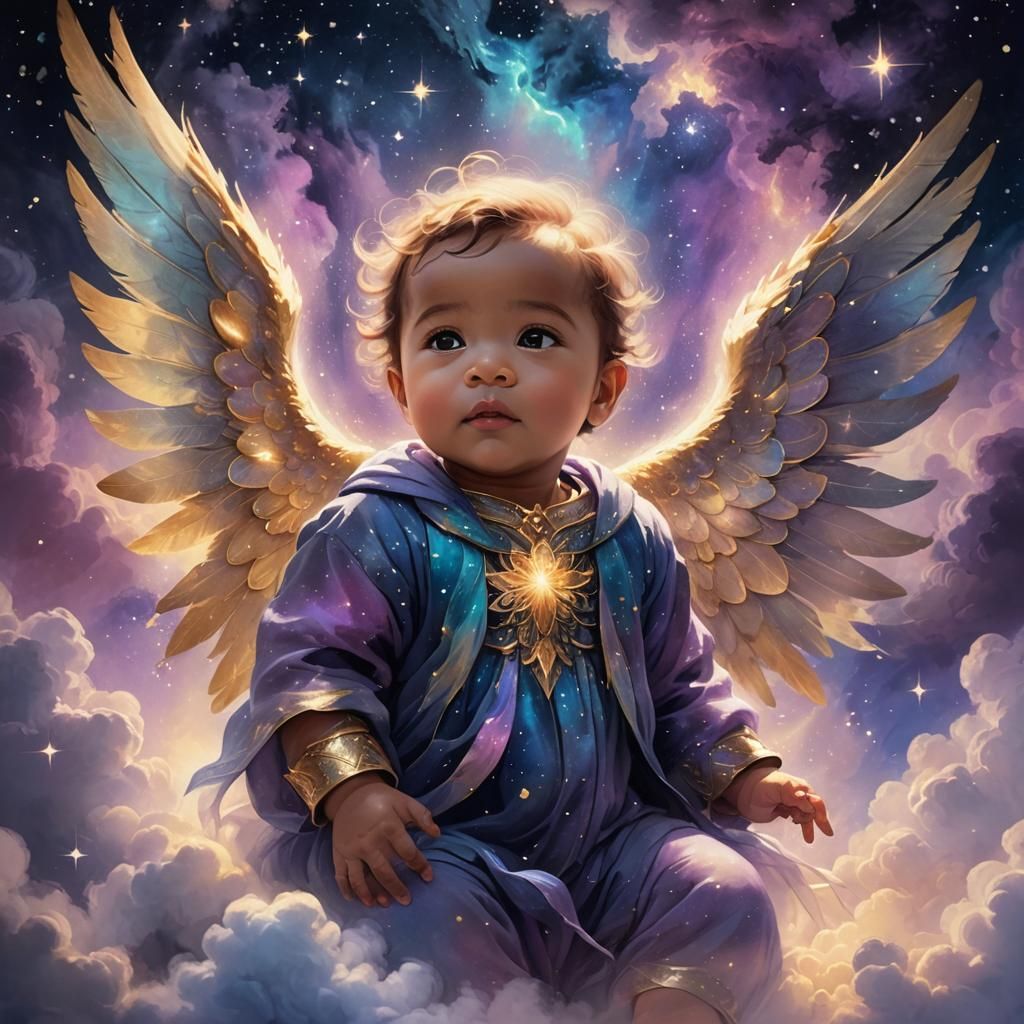Ethereal Baby with Wings in Starry Sky