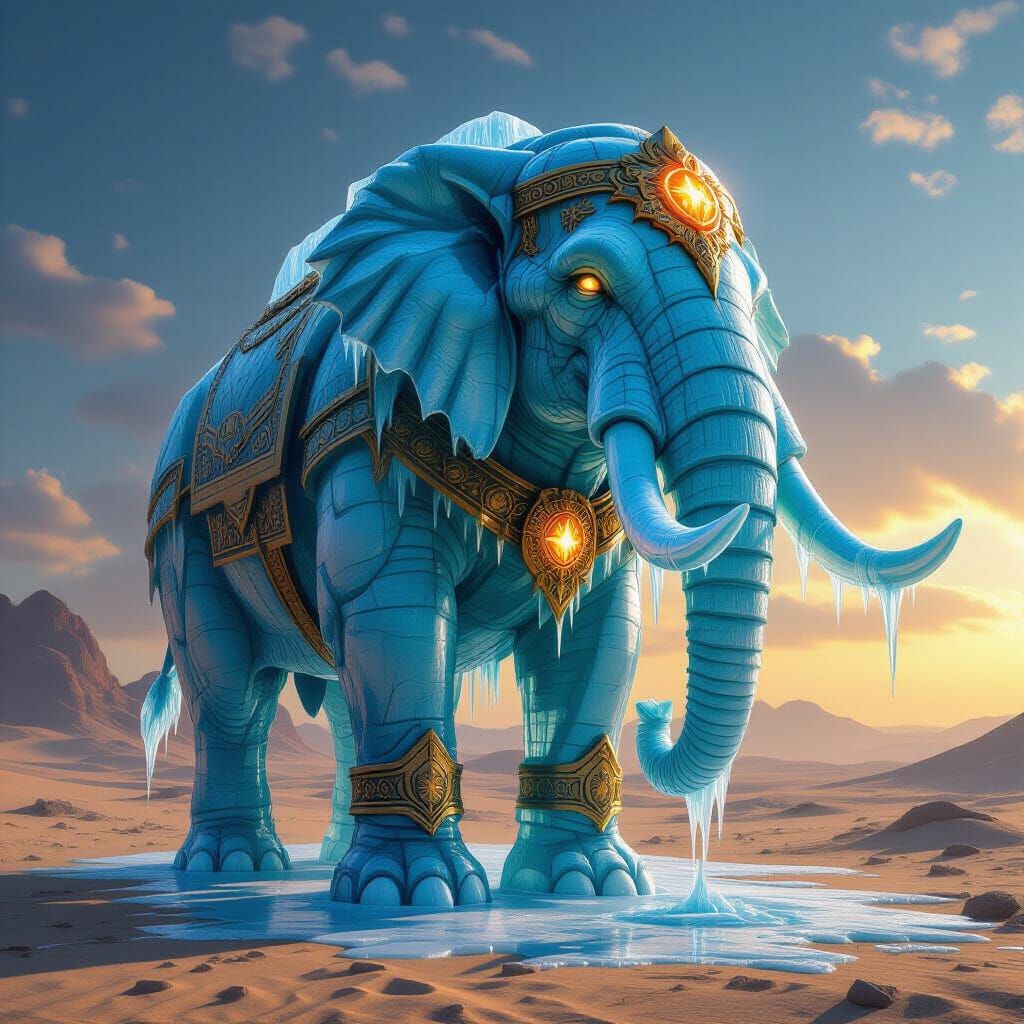 Melting Armored Elephant Ice Sculpture in Desert