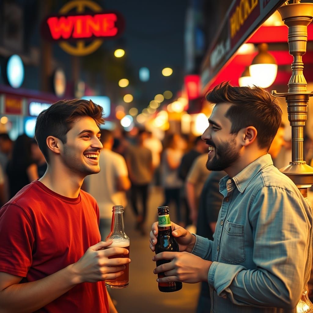Nighttime Market Scene with Smiling Friends and Beer