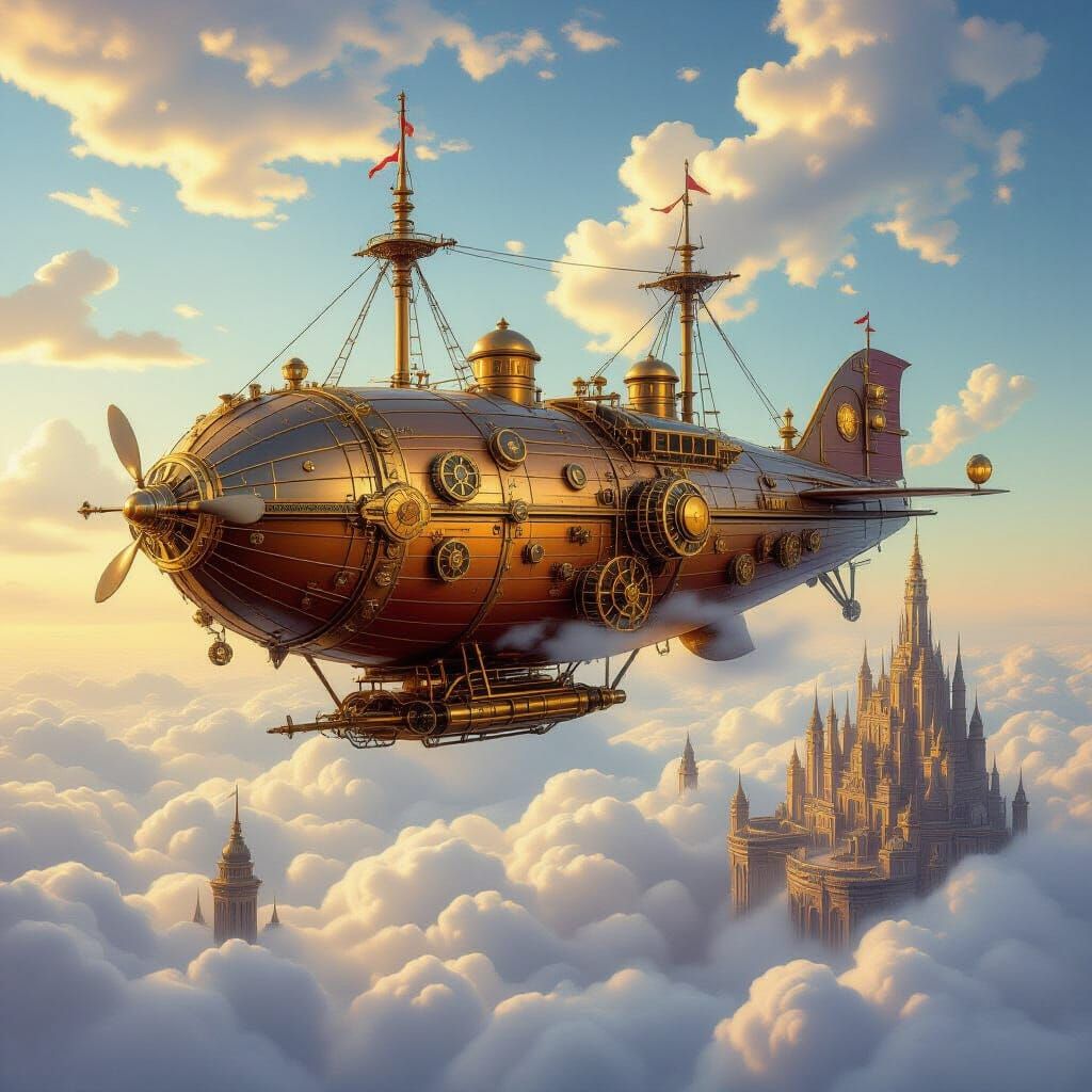 Steampunk Airship Drifting Through Cloudscape City