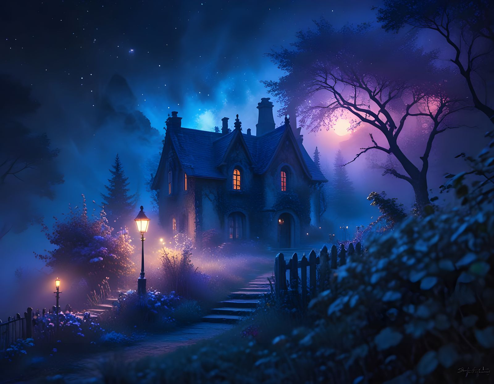 Misty Winter Cottage in Ethereal Watercolor Style