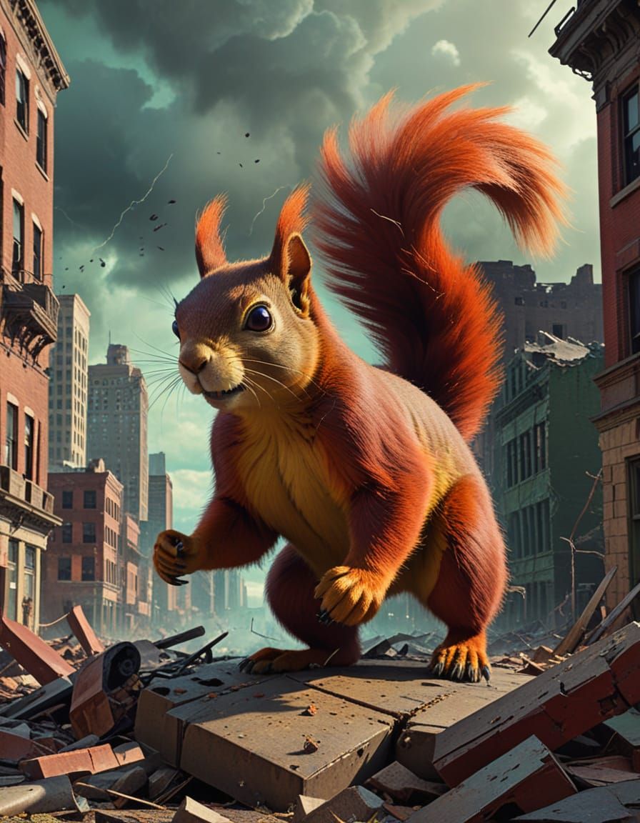 Classic Retro Sci-Fi Squirrel Attack Cityscape in Vibrant Co...