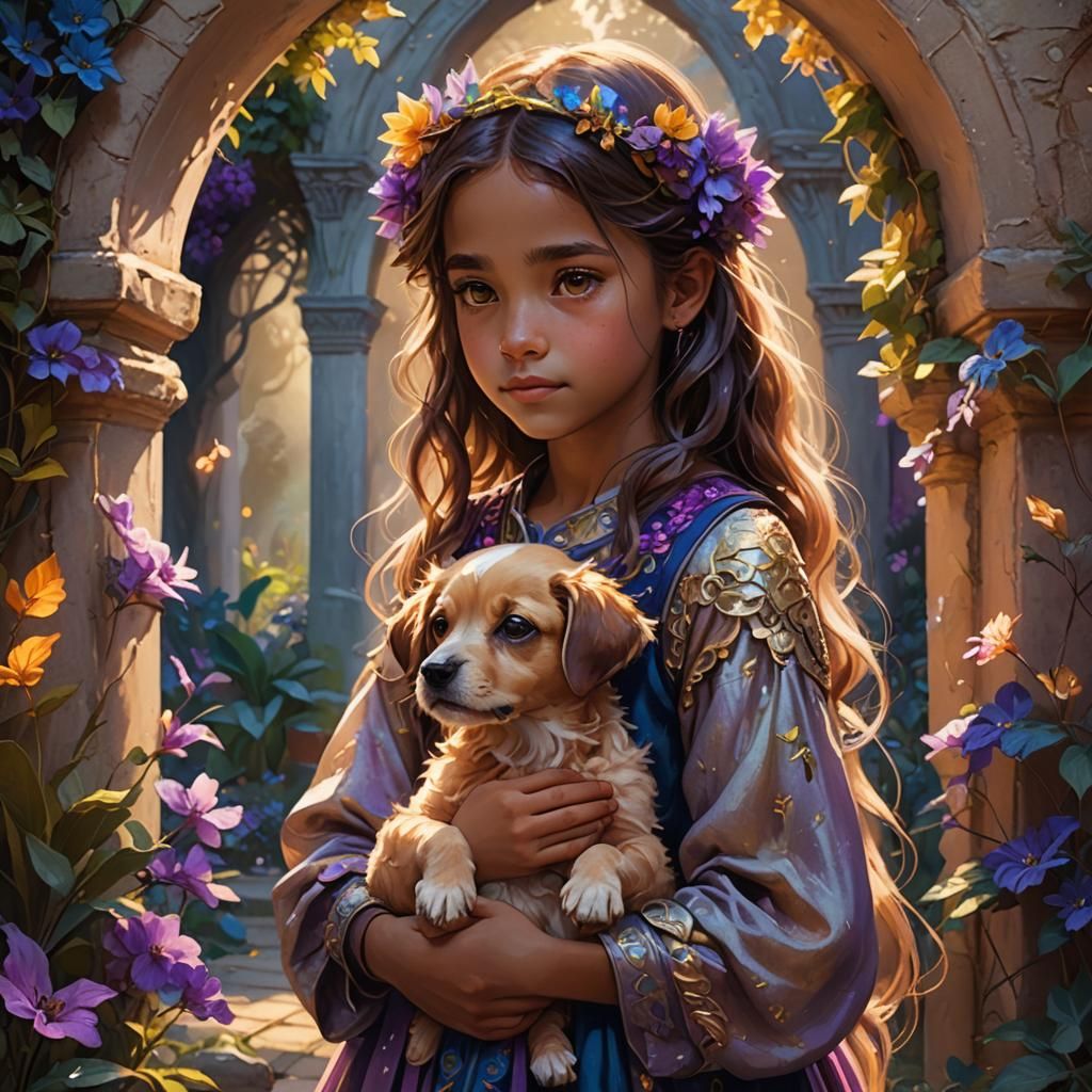 Girl with Mystical Dog in Botanical Archway