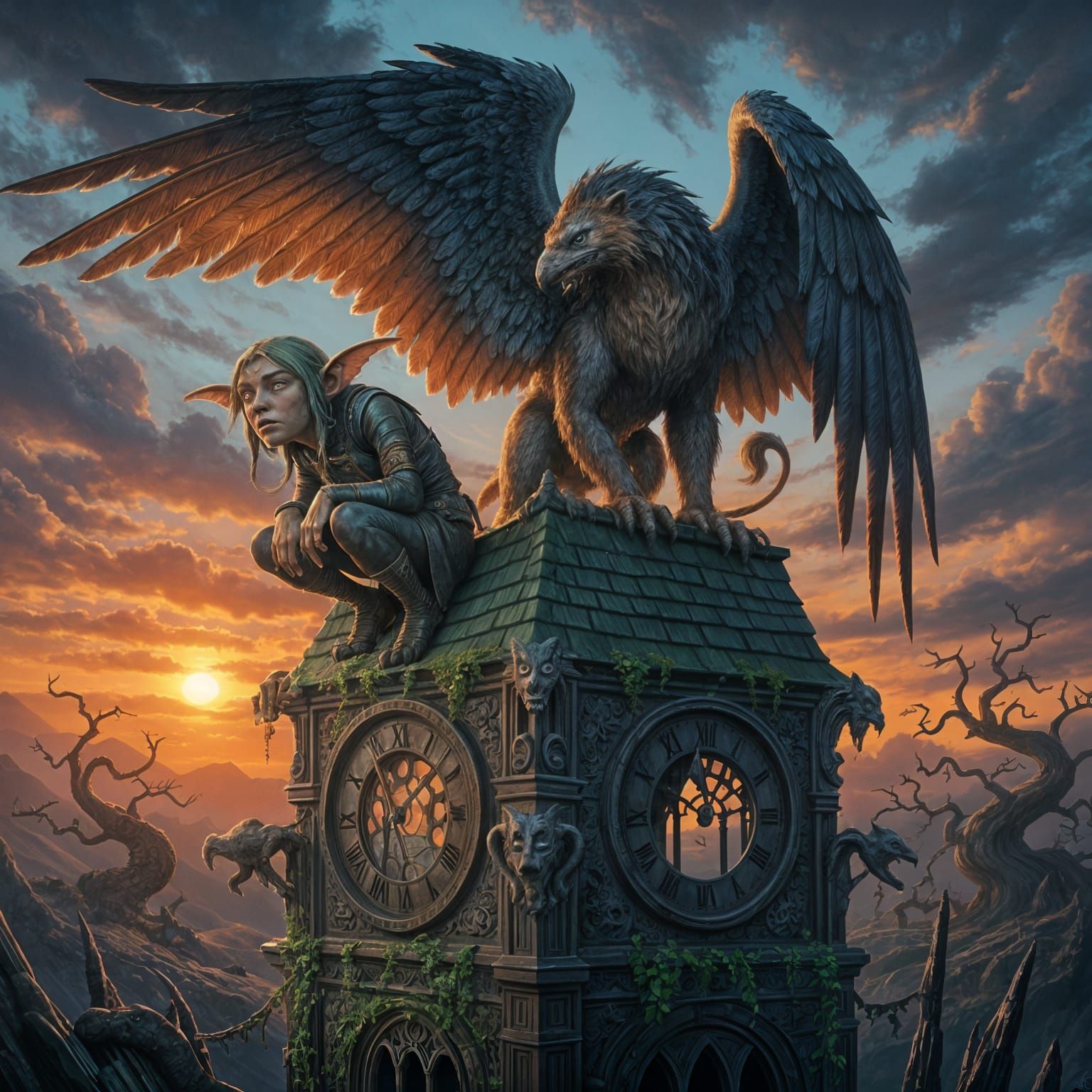 Goblin and Griffin on Clock Tower, Dark Fantasy Art