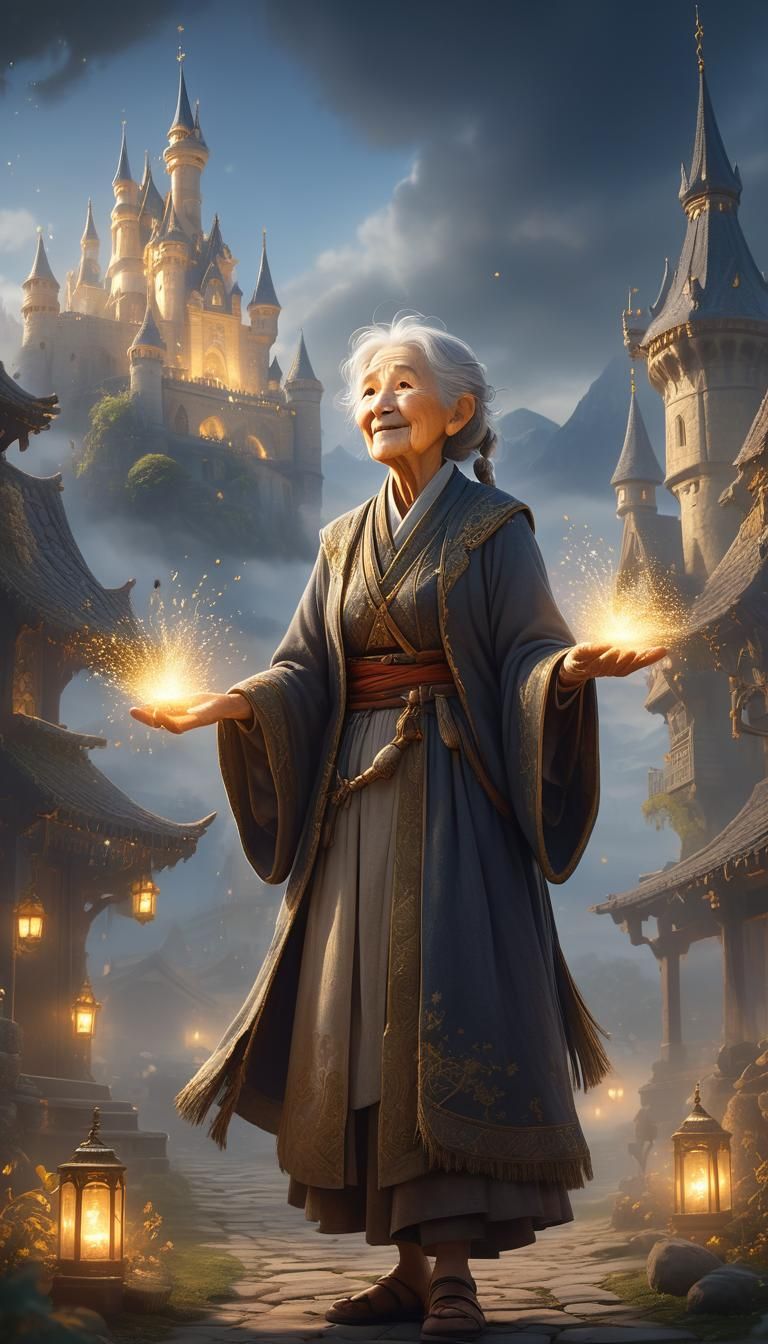 Mystical Old Woman Weaving Destiny in Fantasy Landscape