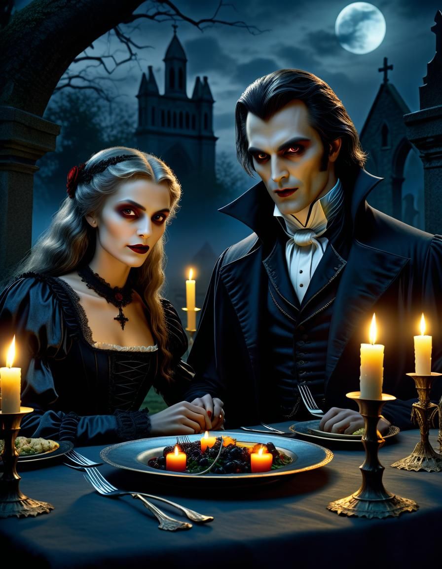 Vampire Romance in Graveyard, Sinister Horror Concept Art