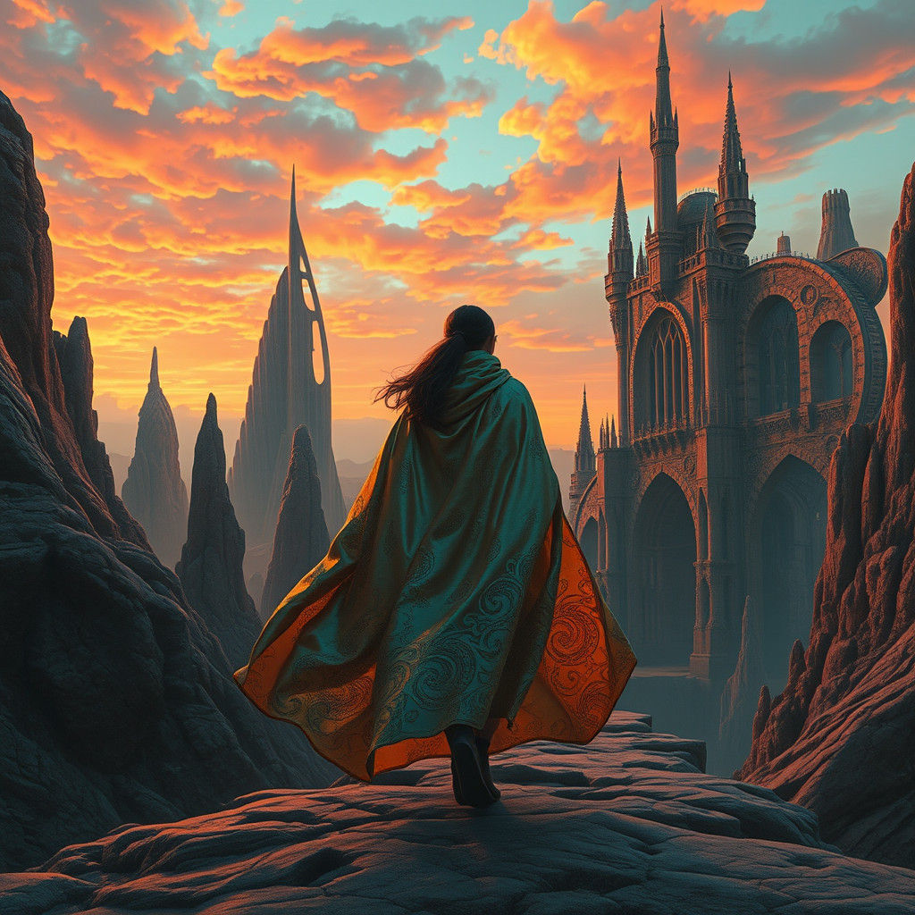Woman in Iridescent Cloak in Surreal Landscape