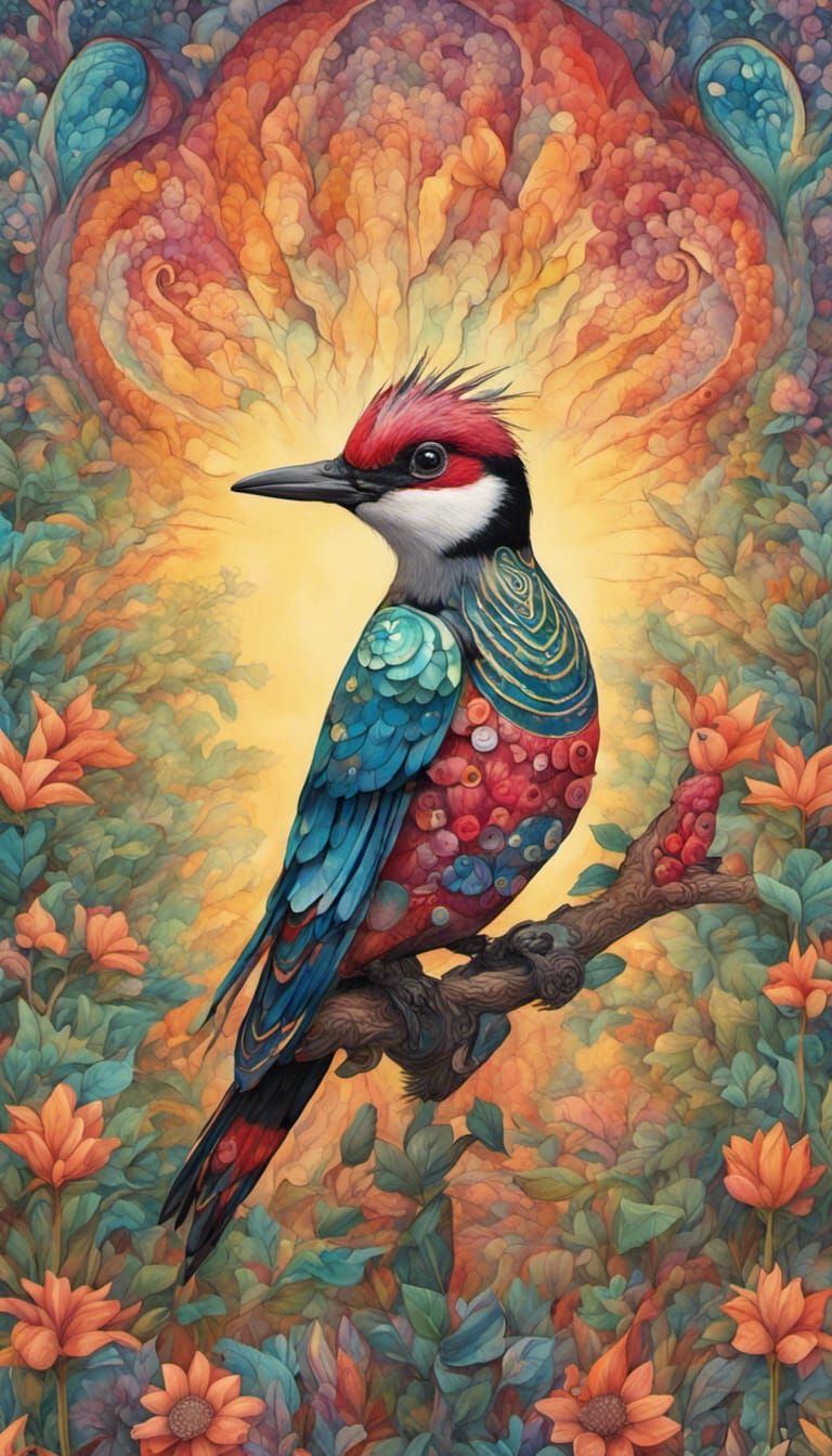 Kaleidoscope Woodpecker in Field at Sunset