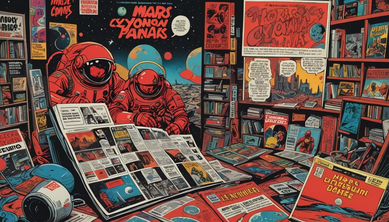 Retrofuturistic Comic Book Scene with VHS Tape and Planets