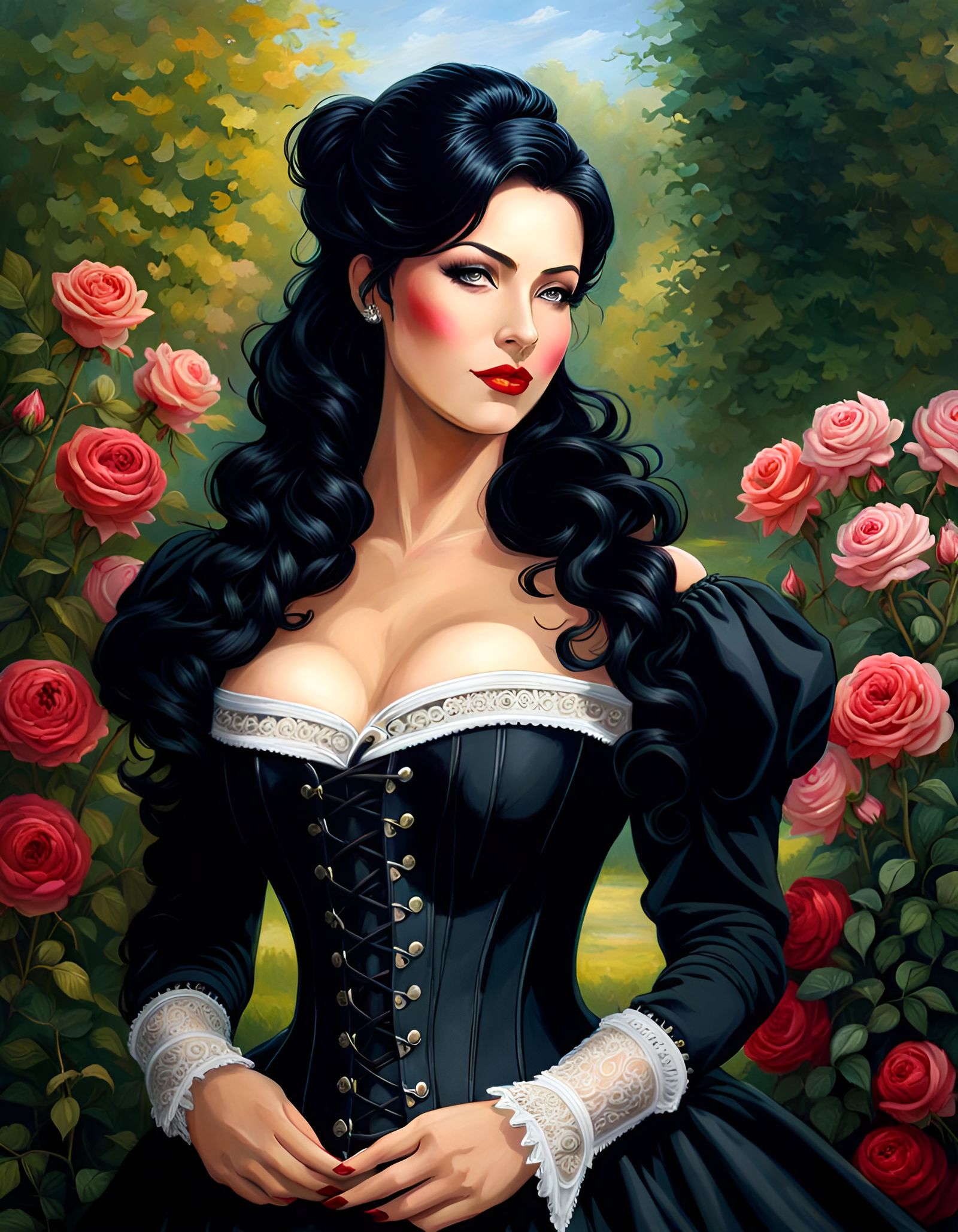 Enticing Gothic Woman in Mystic Rose Garden
