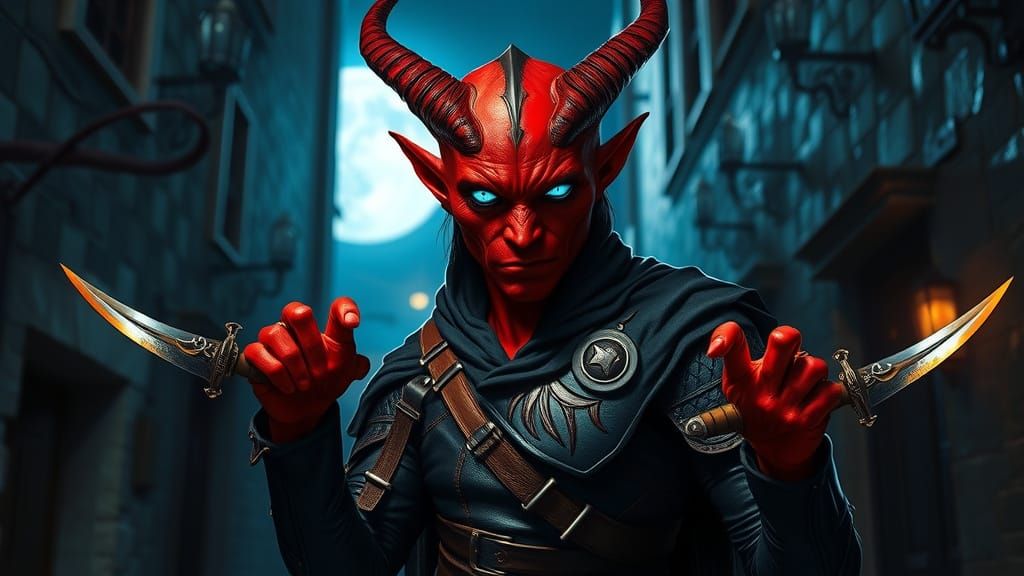 Red Tiefling Rogue Illuminated by Moonlight
