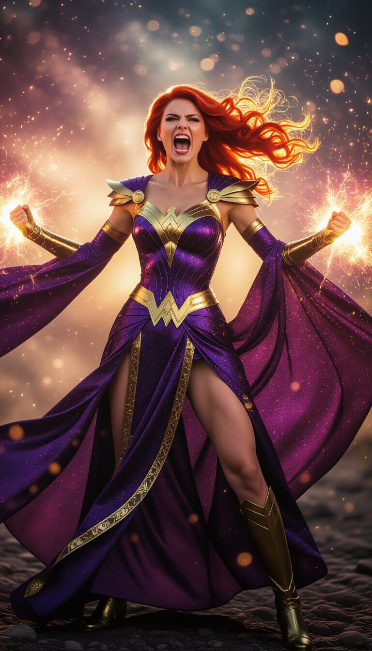 Celestial Warrior Woman of Stardust in Fierce Cosmic Battle