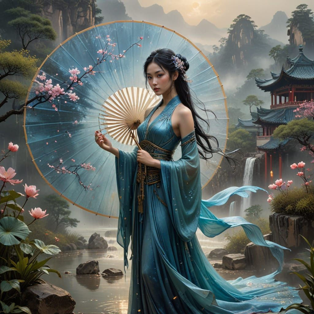 Dreamy Chinese Fairy in a Gentle Watercolor Fan Scene