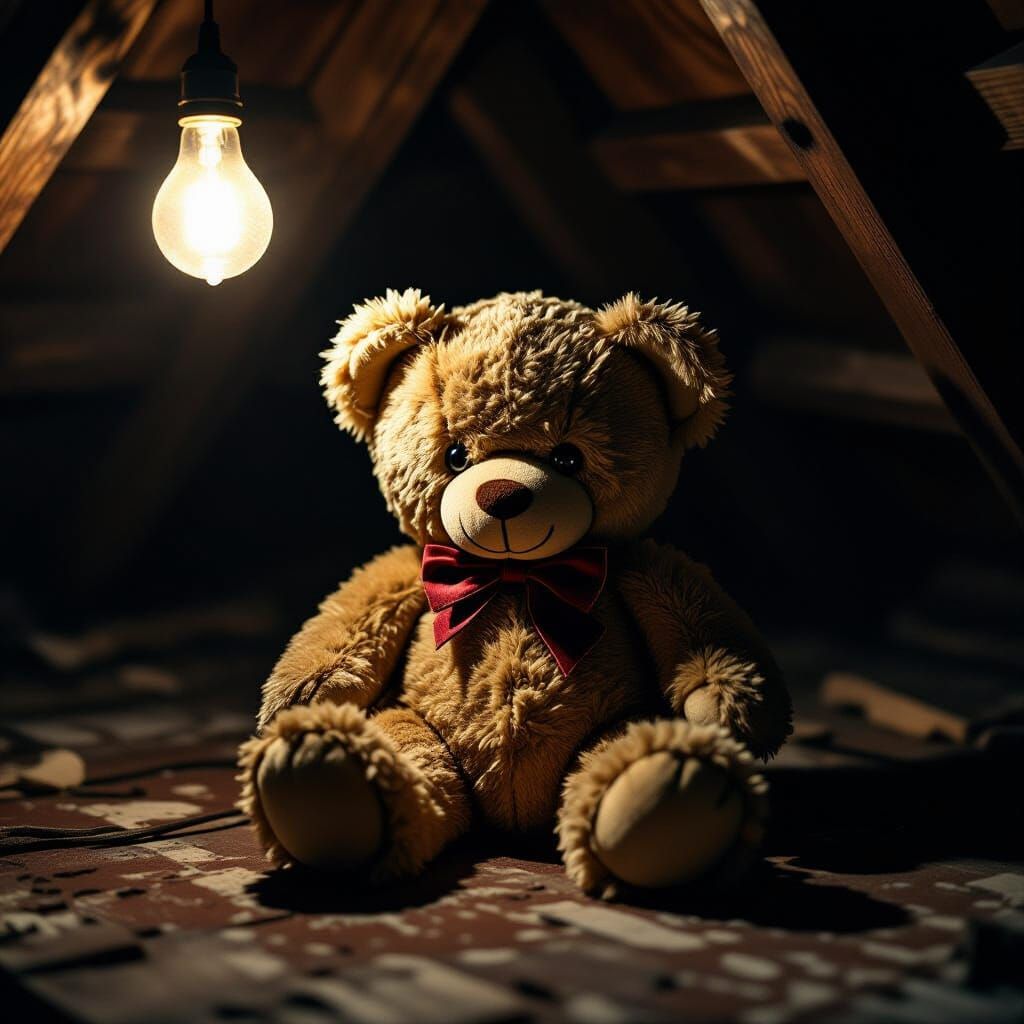 Tattered Teddy Bear in Dusty Attic, Eerie Bulb Glow