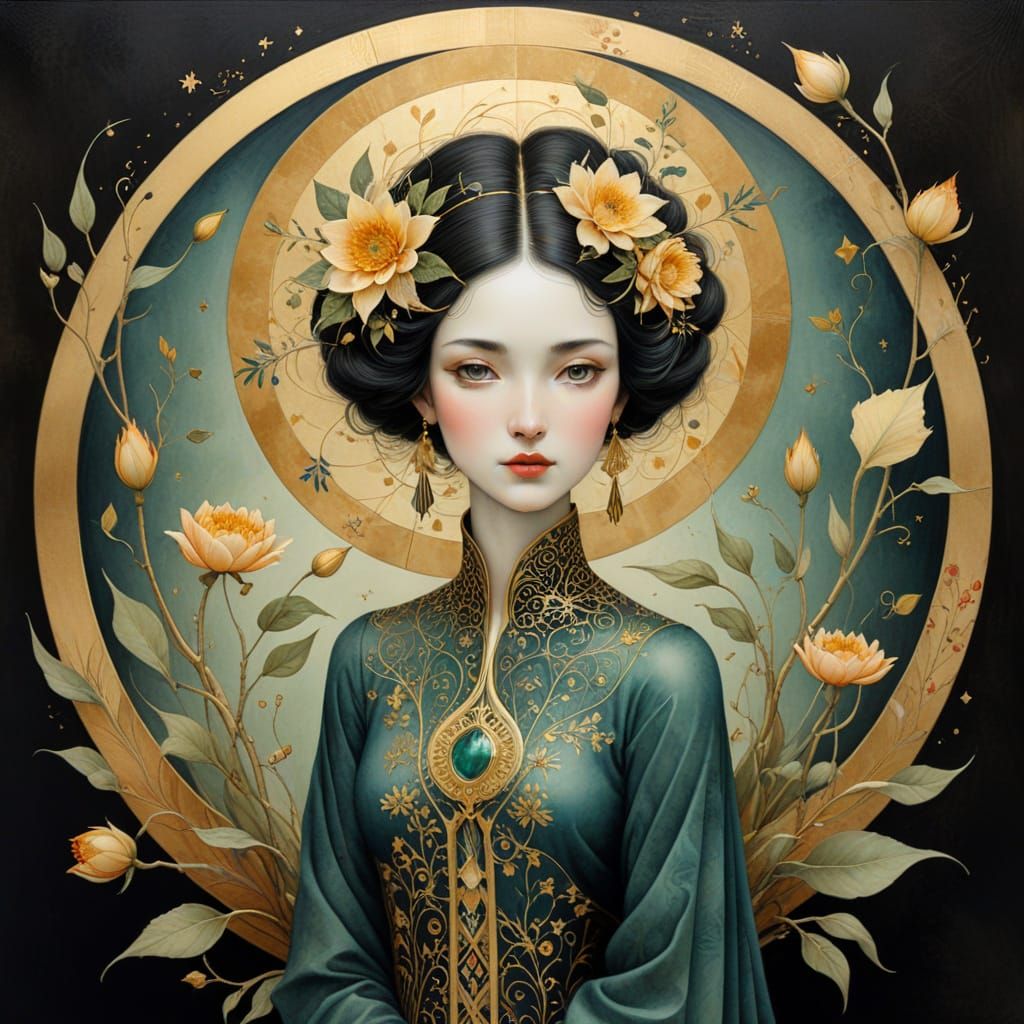 Majestic Lady in Art Deco Ikebana Style with Watercolor and ...