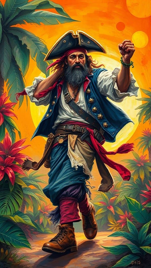 Pirate Dance at Sunset: An Impasto Gouache Painting