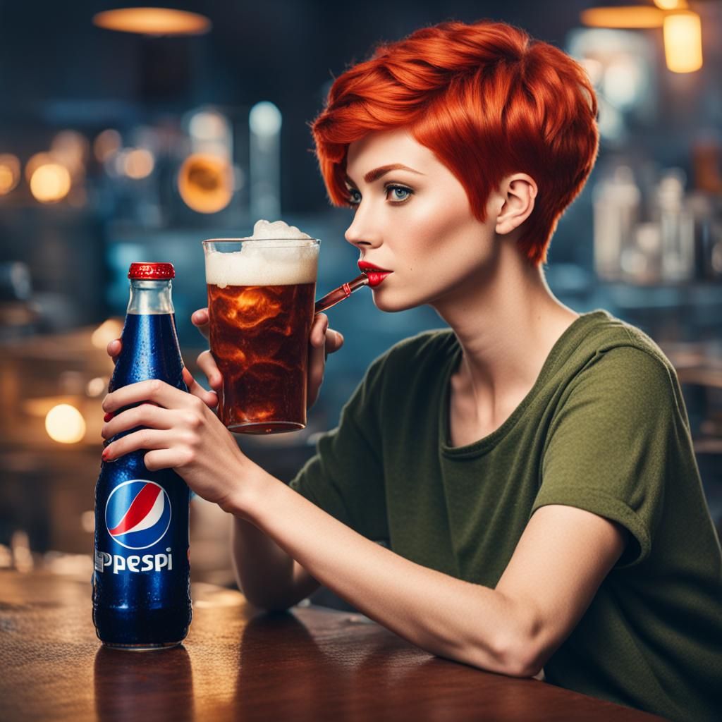 Redhead Girl with Pixie Cut Drinks Pepsi