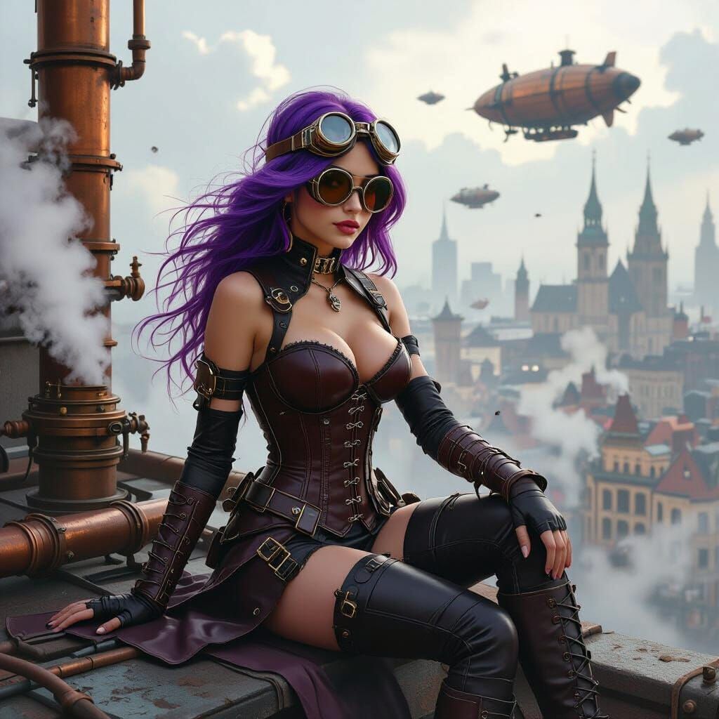 Steampunk Rooftop Scene with Woman in Goggles