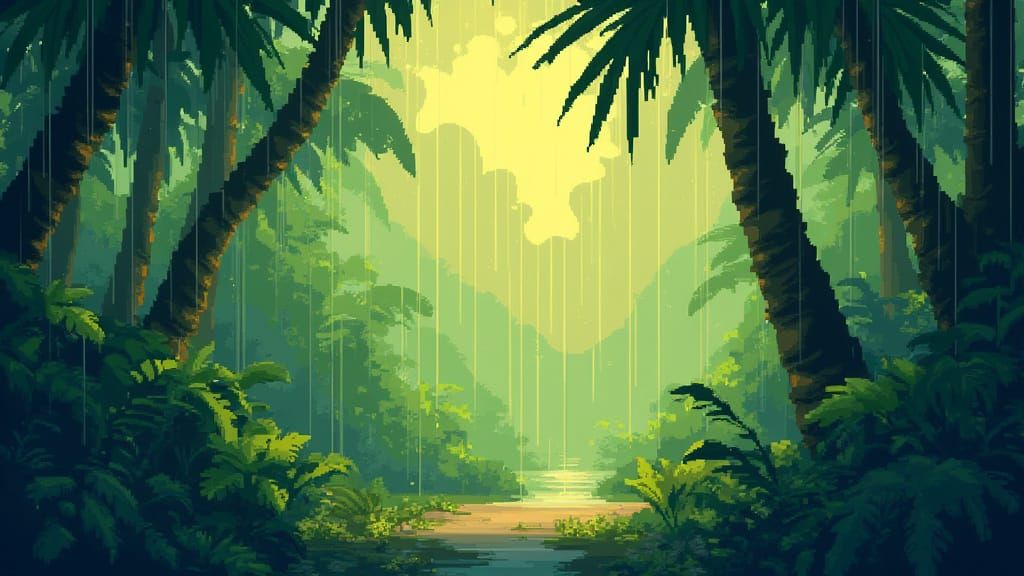Golden Rain Falls on a Tropical Forest in Panama, in Pixel A...