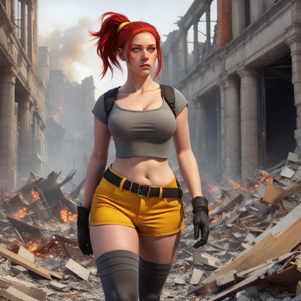 Young Firefighter in Burning Rubble, 3D Render