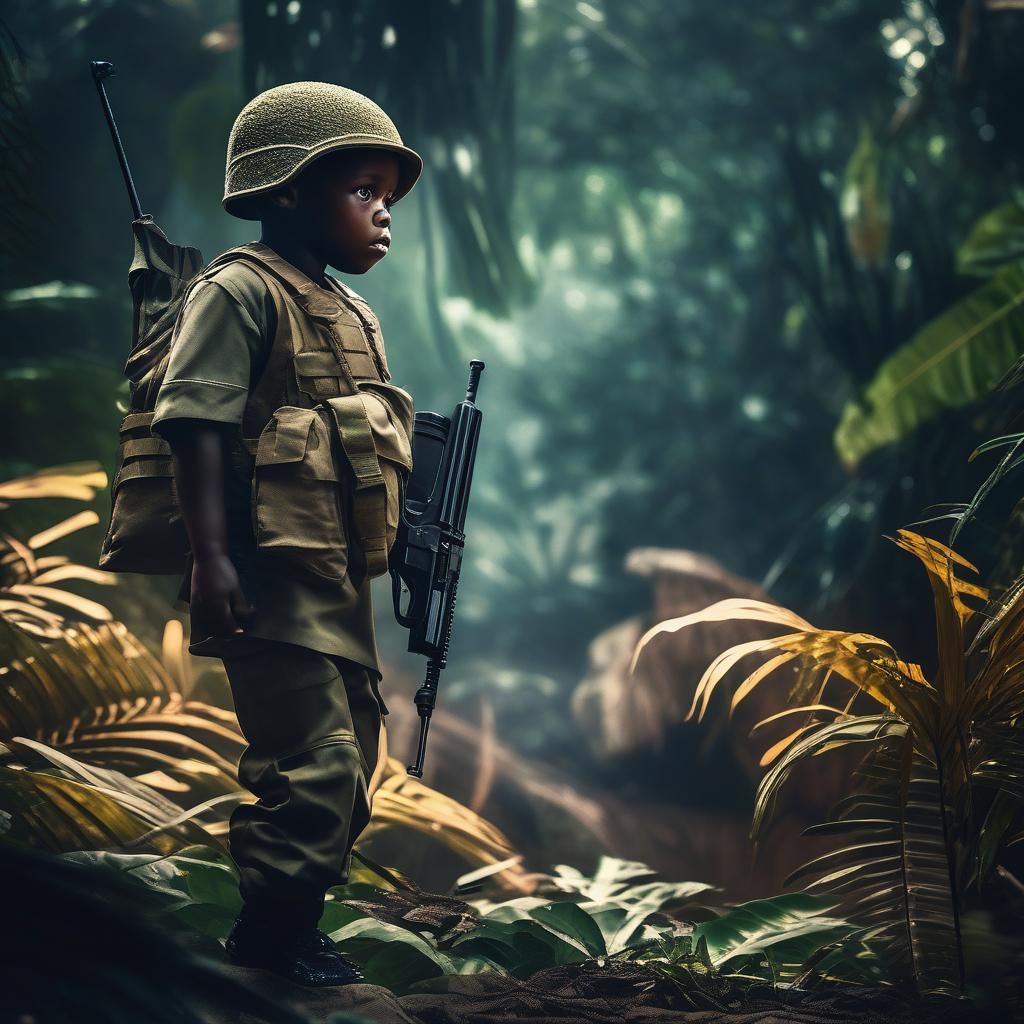 African Baby Soldier in Jungle, Hyperrealistic Photo