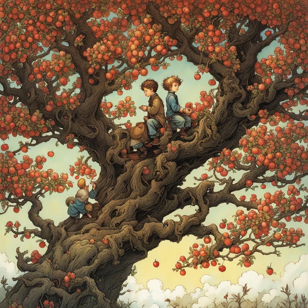Children Hide in Blossoming Tree, Detailed Illustration