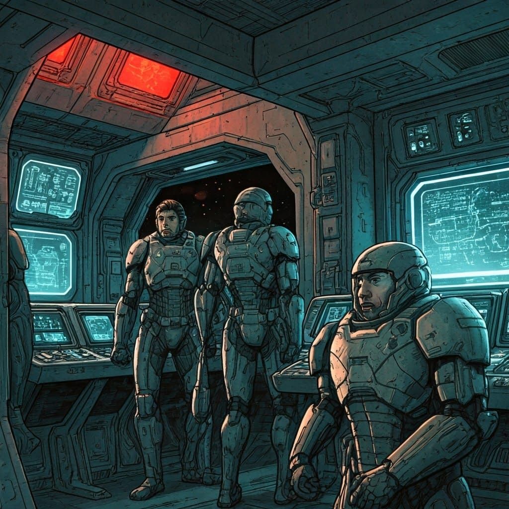 Armored Space Marines in Command Center, Mark Brooks Style