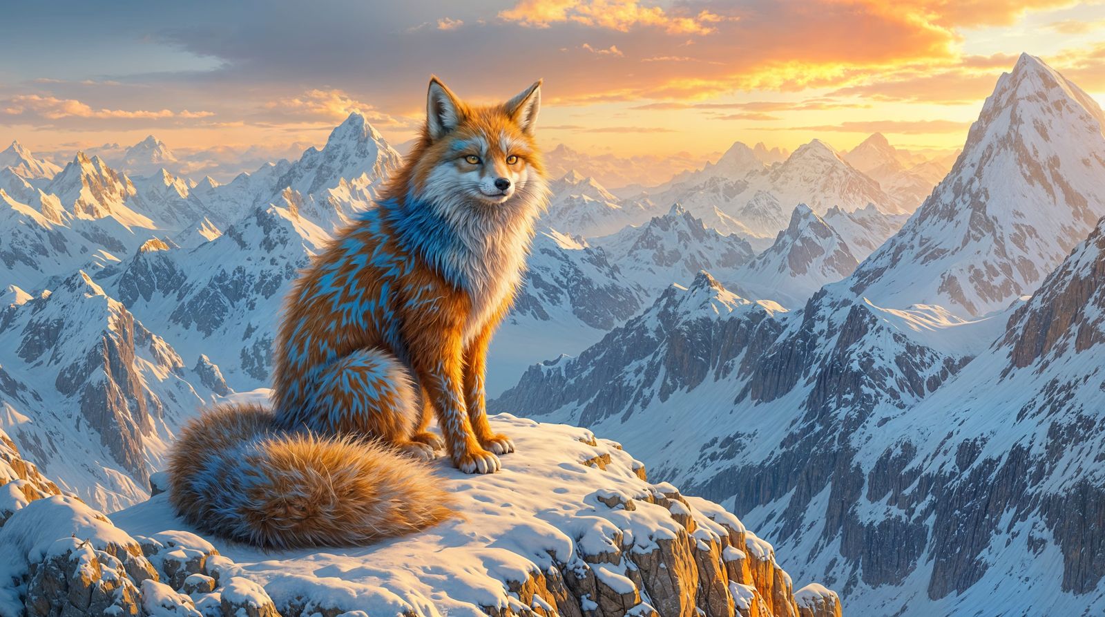Majestic Sunset Fox on Snowy Peaks
