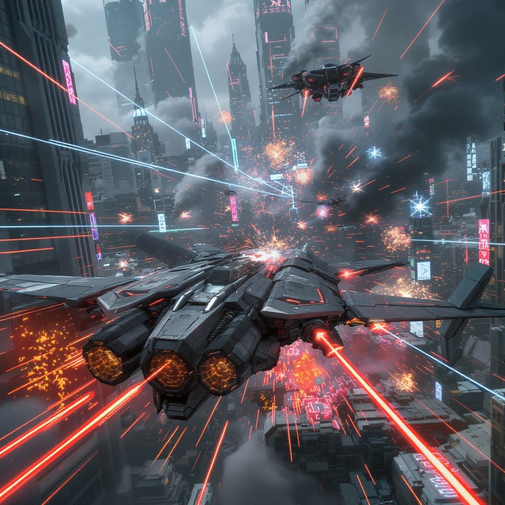Futuristic Drone Warfare in a Digital Cityscape