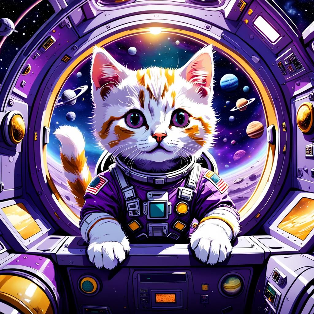 Kitten Astronaut Floating in Space: Digital Domain Art