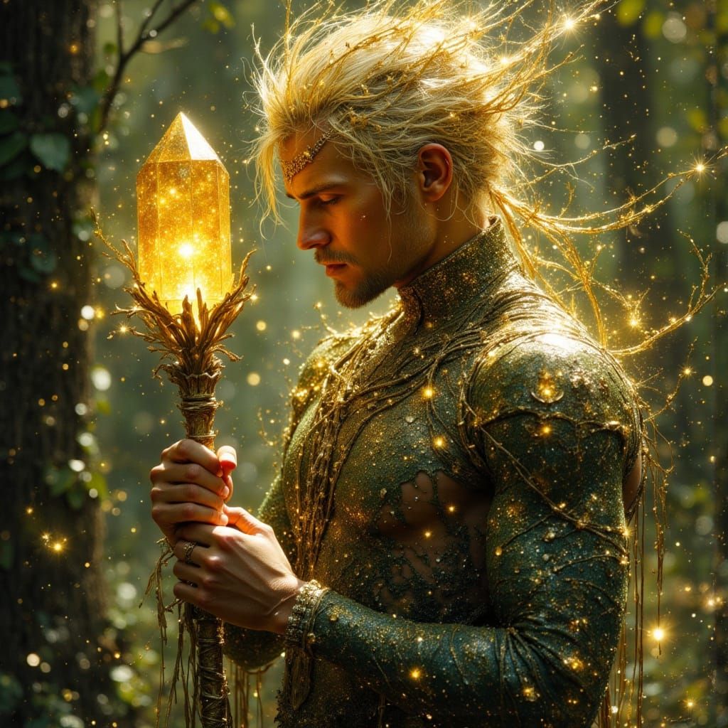 Mystical Forest Spirit with Golden Crystal Staff