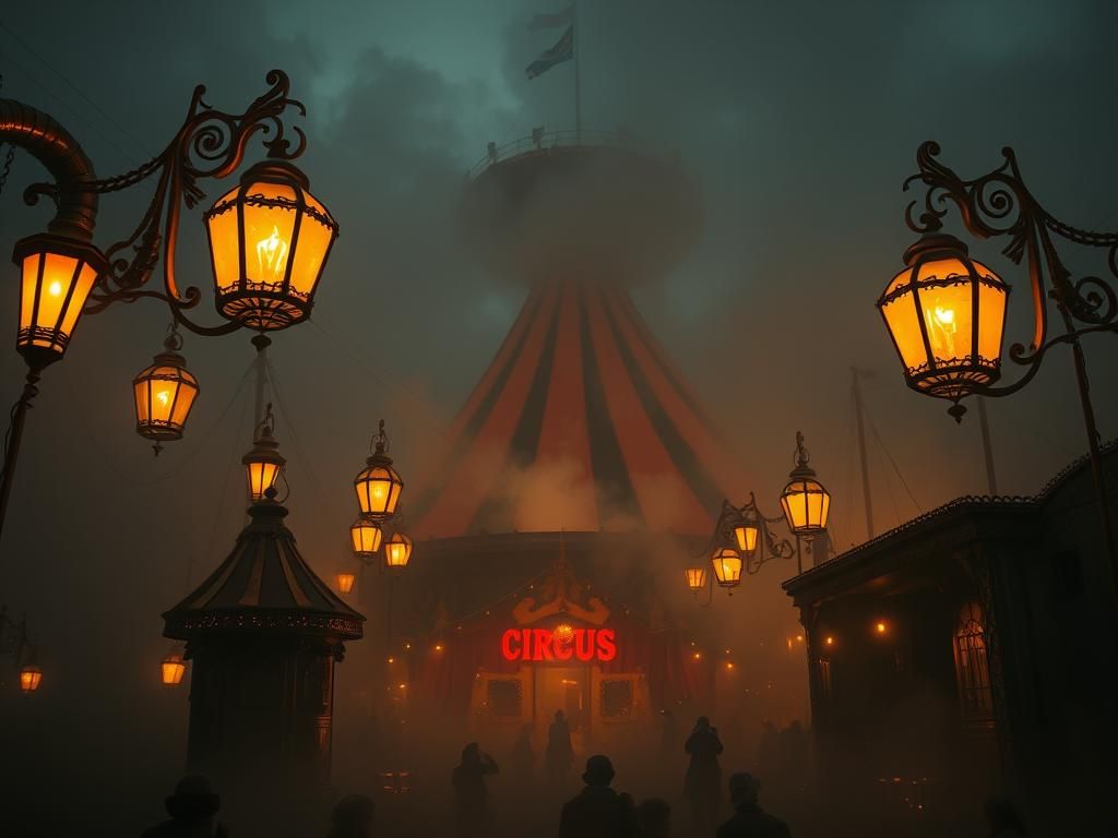 Steampunk Circus in Foggy Evening Light