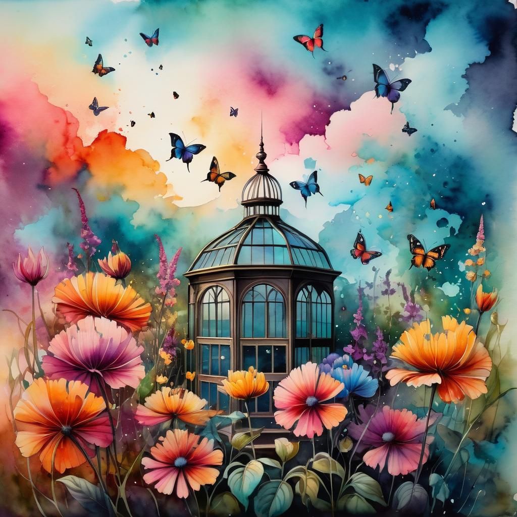 Victorian Greenhouse with Flowers and Butterflies, in Waterc...