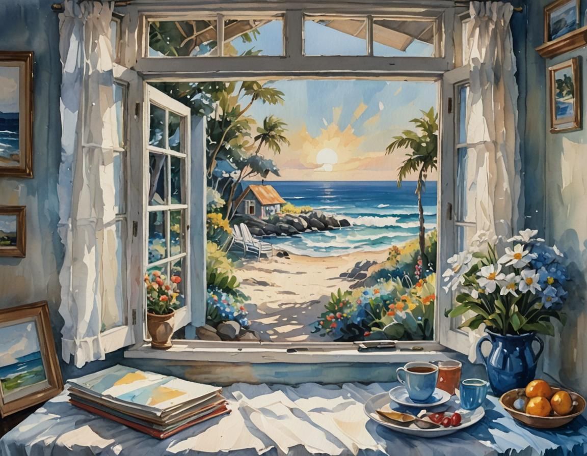 Cozy Beachside Cottage in Impasto Gouache Style