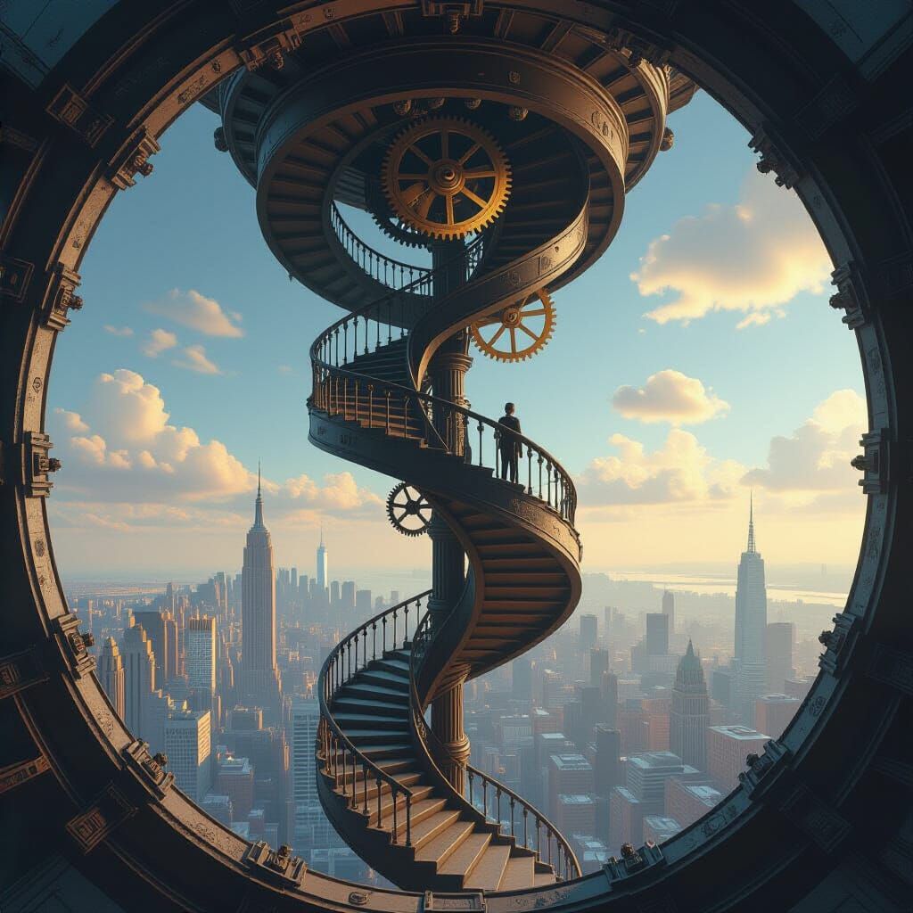 Escher Clock Tower Interior with Figure on Ledge