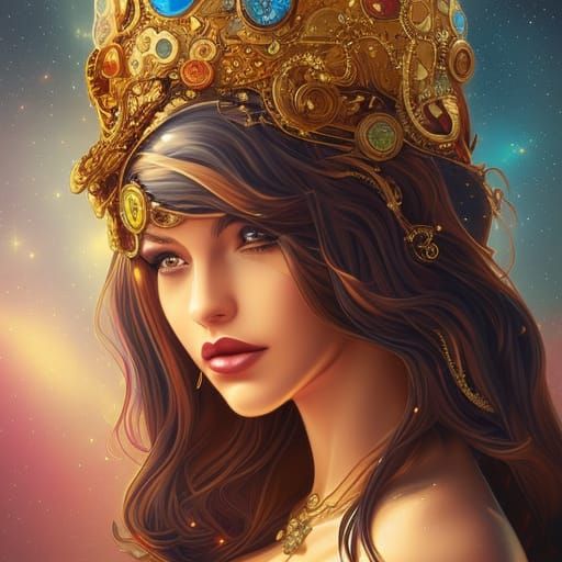 Woman with Jeweled Crown in Steampunk Art Nouveau Style