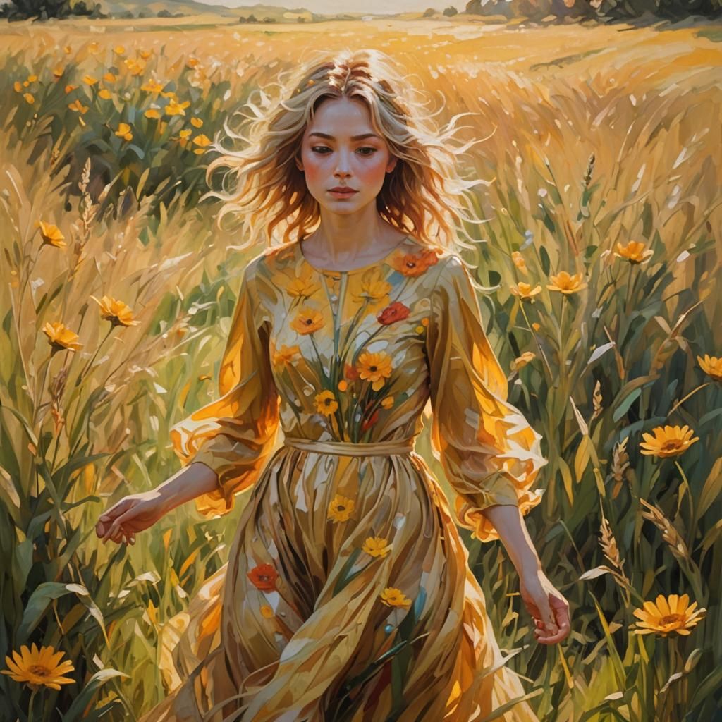 Yellow Figure in Sunlit Field: Impressionist Style