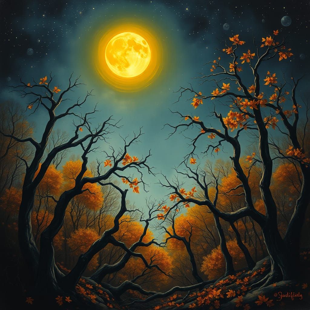 Ethereal Harvest Moon Over Mystical Autumn Woods
