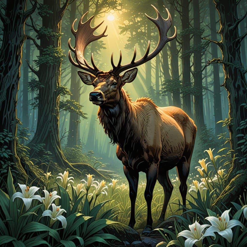 Elk in Misty Forest, Comic Book Art Style